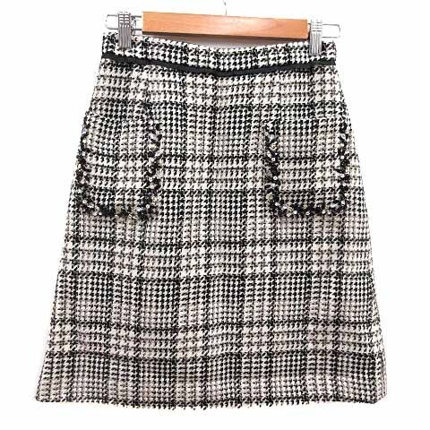 アプワイザーリッシェ Apuweiser-riche 台形スカート ひざ丈 ビジュー 千鳥格子 ウール 1 S 黒 ブラック 白 ホワイト /YK レディース拍卖