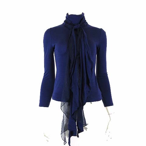 ミッシェルクラン MICHEL KLEIN ニット セーター カットソー ウール 長袖 タートルネック フリル ボウタイ XS 34 青紺 小さいサイズ拍卖