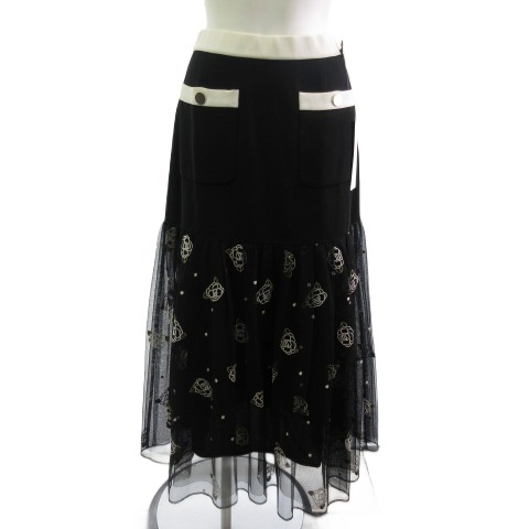 未使用品 グレースクラス GRACE Class タグ付き スカート フラワードットembスカート チュールレース ブラック 黒 36 02231 21016 レディー拍卖