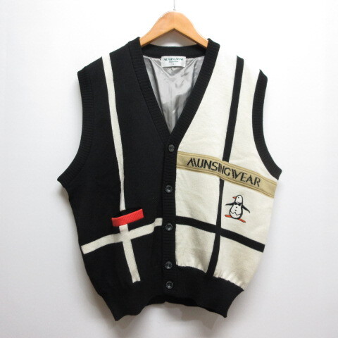 マンシングウェア MUNSINGWEAR ゴルフウェア ニット ベスト L 黒 ブラック ウール100% Vネック 裏地付き 日本製 メンズ拍卖