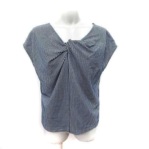 ロペ ROPE シャツ ブラウス プルオーバー 切替 ストライプ フレンチスリーブ 38 M 紺 ネイビー /YI レディース拍卖