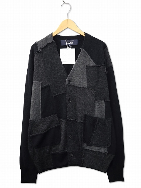 未使用品 コムデギャルソンオム COMME des GARCONS HOMME 2025AW PATCHWORK CARDIGAN 梳毛天竺 パッチワーク ニット カーディガン L拍卖