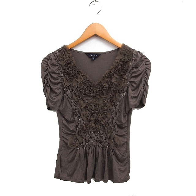 エポカ EPOCA ギャザー袖 Vネック カットソー ハナモチーフ 刺繍 40 カーキ /FT41 レディース拍卖