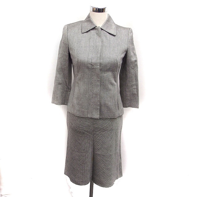 アイシービー iCB スカートスーツ ステンカラージャケット タイトスカート ひざ丈 リネン混 コットン 綿 9 ホワイト 白 ブラック 黒 /FT8拍卖