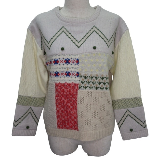 ビュルデサボン bulle de savon 長袖 ニット セーター やまみちジャガード パッチワークプルオーバー ウール混 Fサイズ ホワイト系 k2939 1拍卖