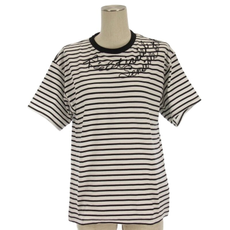 ランバン LANVIN ボーダー Tシャツ カットソー 半袖 刺繍 ホワイト 38 レディース拍卖