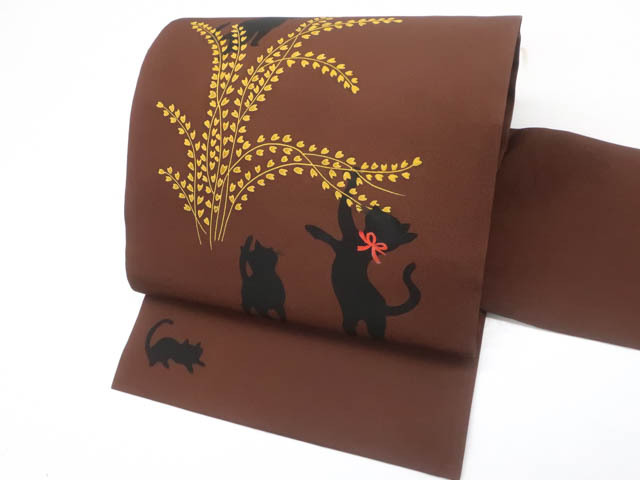 《古美術京松》九寸名古屋帯 オリジナル お太鼓柄 猫 ネコ 正絹 r7b11-208拍卖