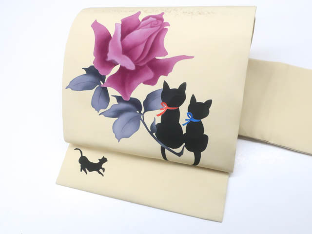 《古美術京松》九寸名古屋帯 オリジナル お太鼓柄 猫 ネコ バラ 正絹 r7b11-218拍卖