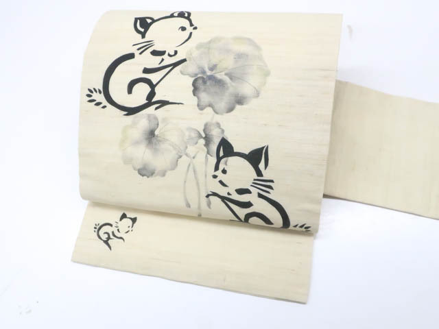 《古美術京松》九寸名古屋帯 オリジナル お太鼓柄 猫 ネコ 正絹 r7b11-217拍卖
