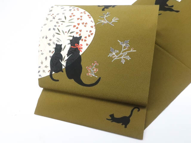 《古美術京松》九寸名古屋帯 オリジナル お太鼓柄 開き仕立て ネコ 猫 正絹 r7b11-203拍卖