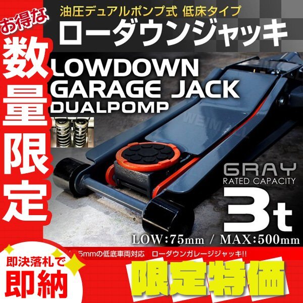 【限定セール】新品 フロア ガレージジャッキ 3t 最低位75mm ローダウン 油圧式 保護ゴムパッド付き デュアルポンプ タイヤ 交換拍卖