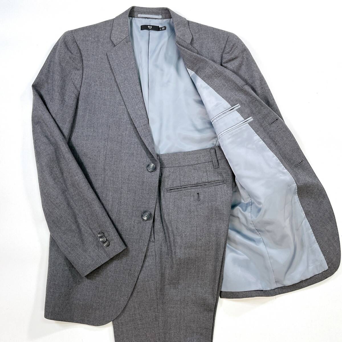 +J UNIQLO プラスジェイ ユニクロ ジル・サンダー 毛98% セットアップ スーツ グレー メンズ ビジネス スラックス ジャケット L☆1216y拍卖