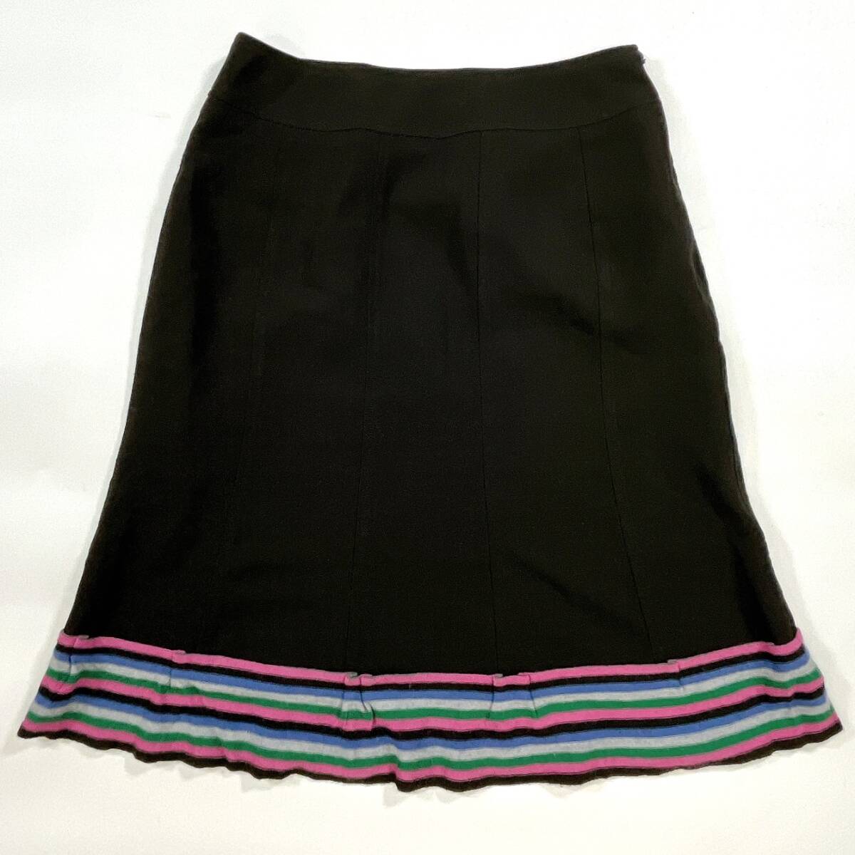 SONIA RYKIEL ソニアリキエル スカート 38 M レディース ブラック ニット切り替え 毛100% ボーダー 大人可愛い 膝下丈 お出掛け ☆1232y拍卖