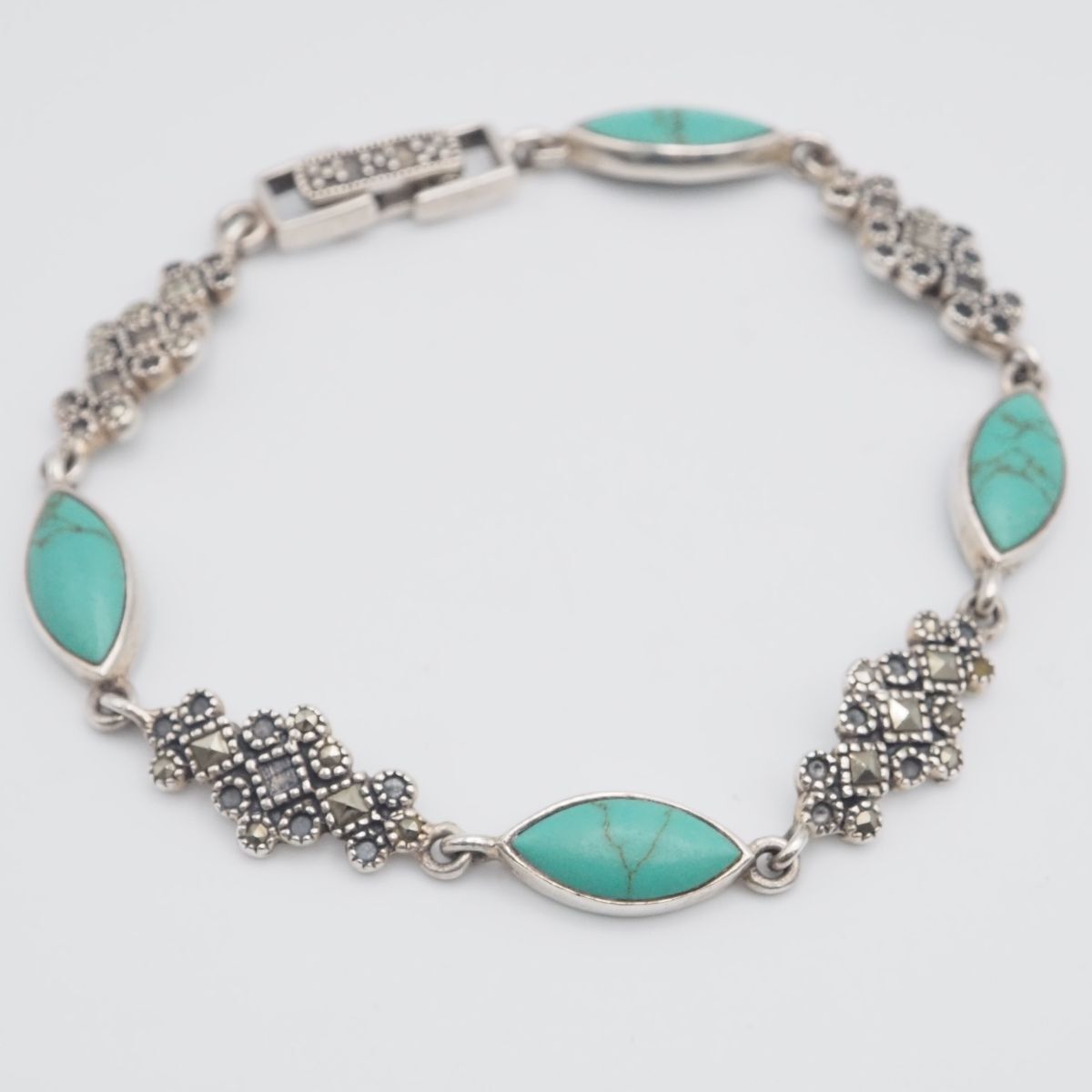 H695 ターコイズ トルコ石 マーカサイト マルカジット 925刻印 ブレスレット デザイン シルバー ヴィンテージ 12月誕生石拍卖