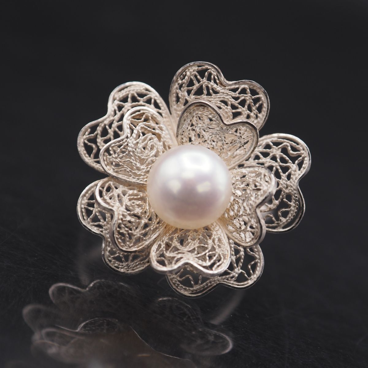 H605 淡水真珠 パール 925刻印 リング フィリグリー 銀線細工 フラワー デザイン シルバー 指輪 6月誕生石 13号拍卖