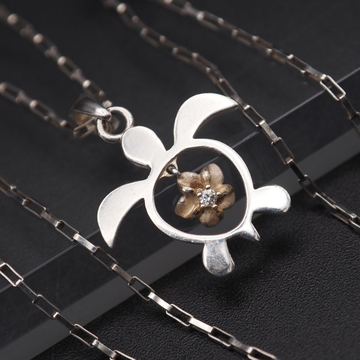 H640 ヴィンテージ SILVER925 ITALY刻印 ペンダント ネックレス ホヌ プルメリア ダイヤモンド風 デザイン シルバー拍卖