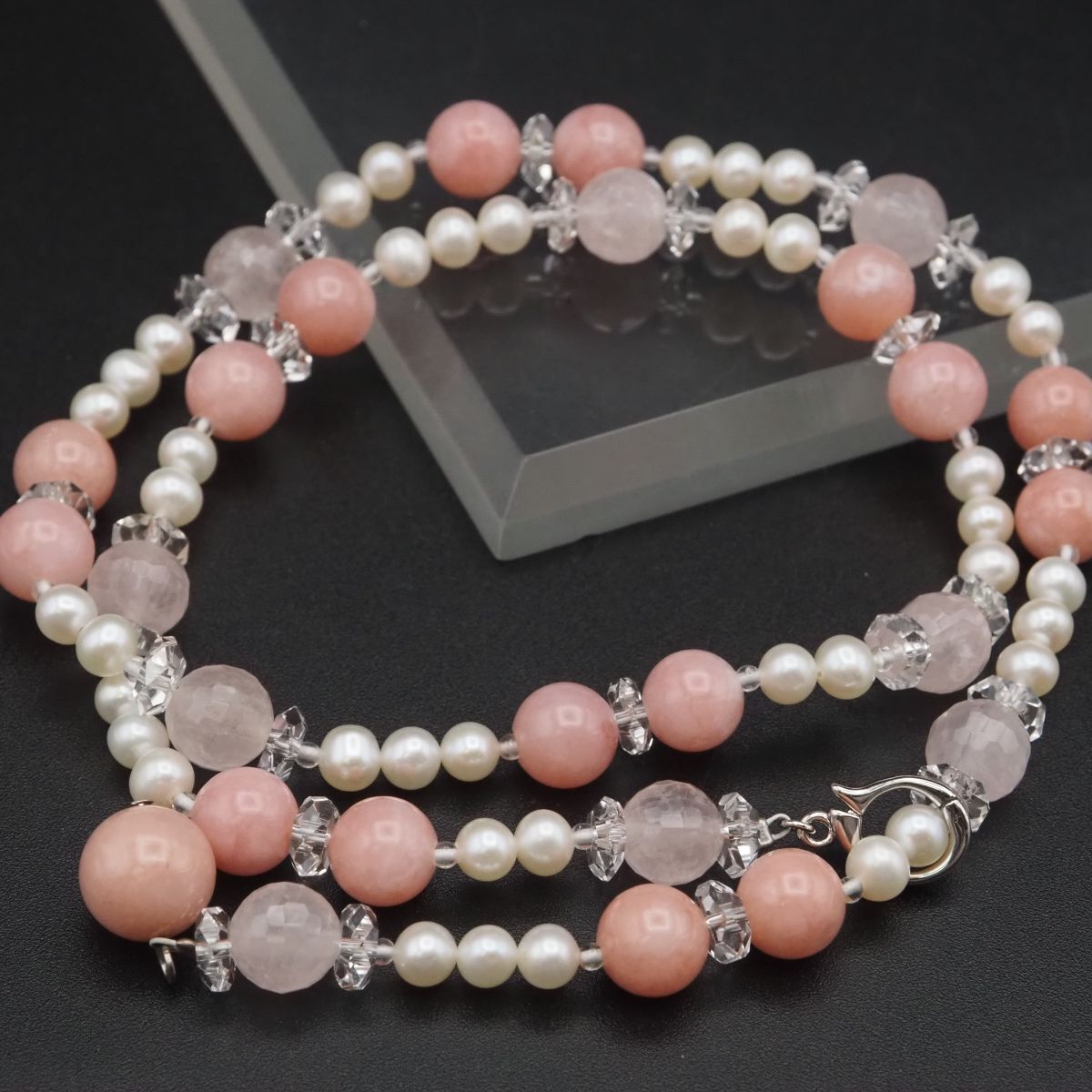 H235 ローズクォーツ 淡水真珠 パール 水晶 SILVER刻印 ネックレス デザイン シルバー 6月誕生石拍卖