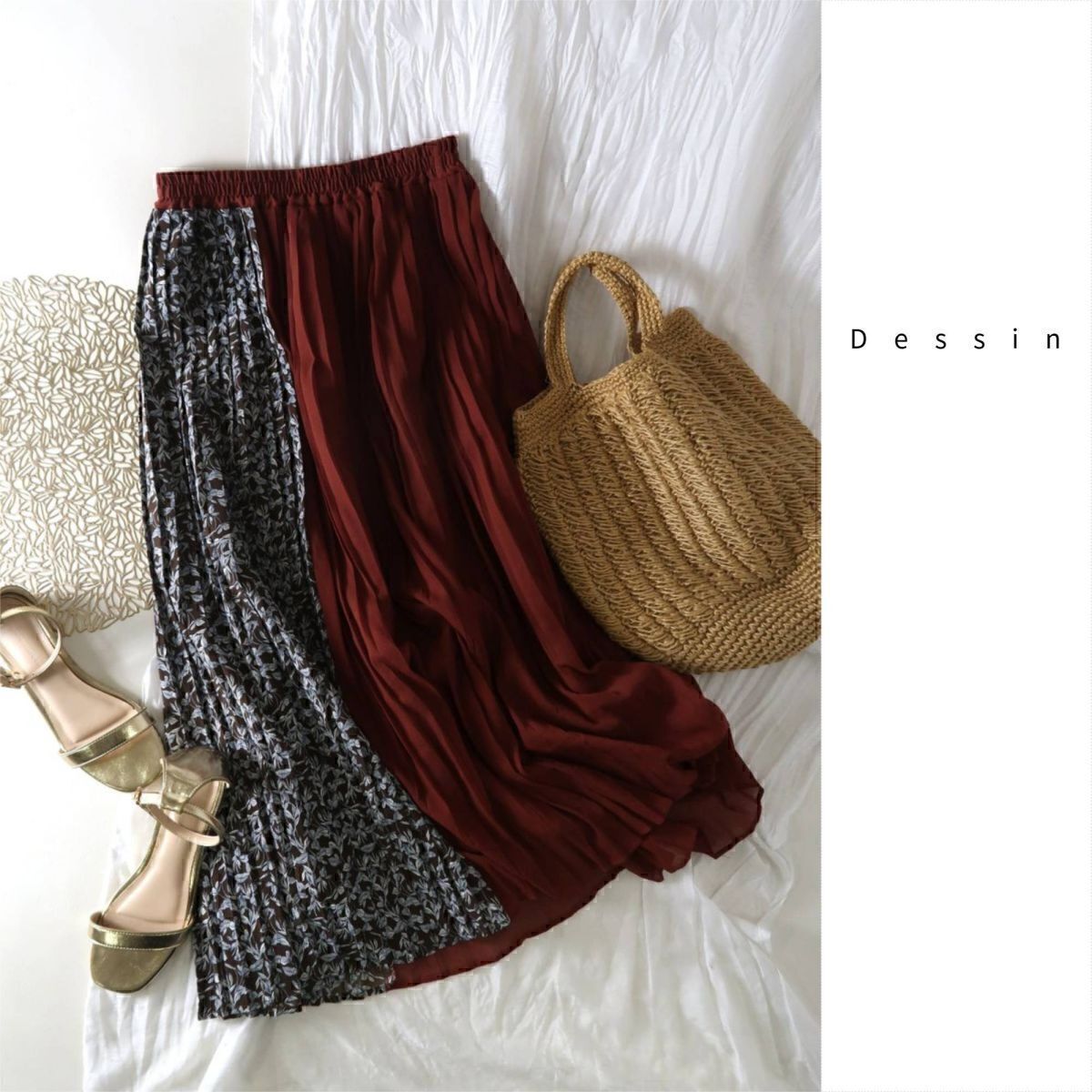 デッサン Dessin/アンタイトル☆洗える【ウエストゴム】線画フラワー切替プリーツスカート 1サイズ☆A-O 3328拍卖