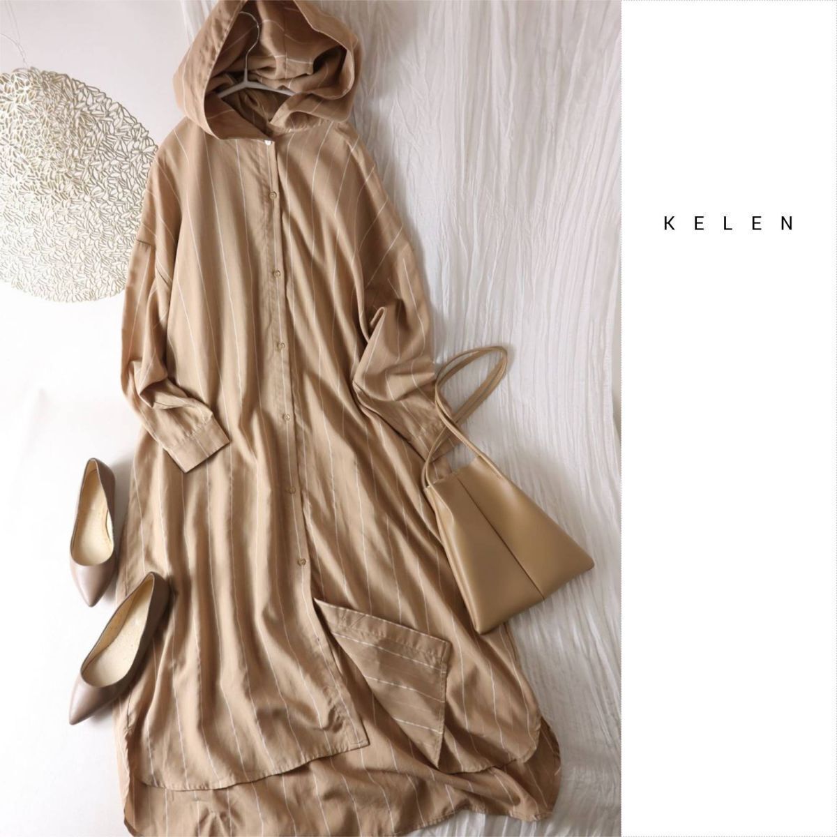 ケレン KELEN☆洗える ストライプ柄 フード付き シャツワンピース Sサイズ☆R-O 5367拍卖