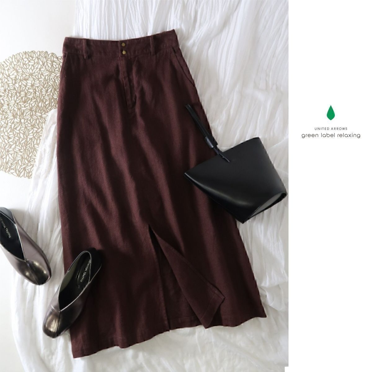 ユナイテッドアローズ/green label relaxing☆洗える コットンリネン ヘリンボン トラペーズスカート 36サイズ☆E-M 2213拍卖