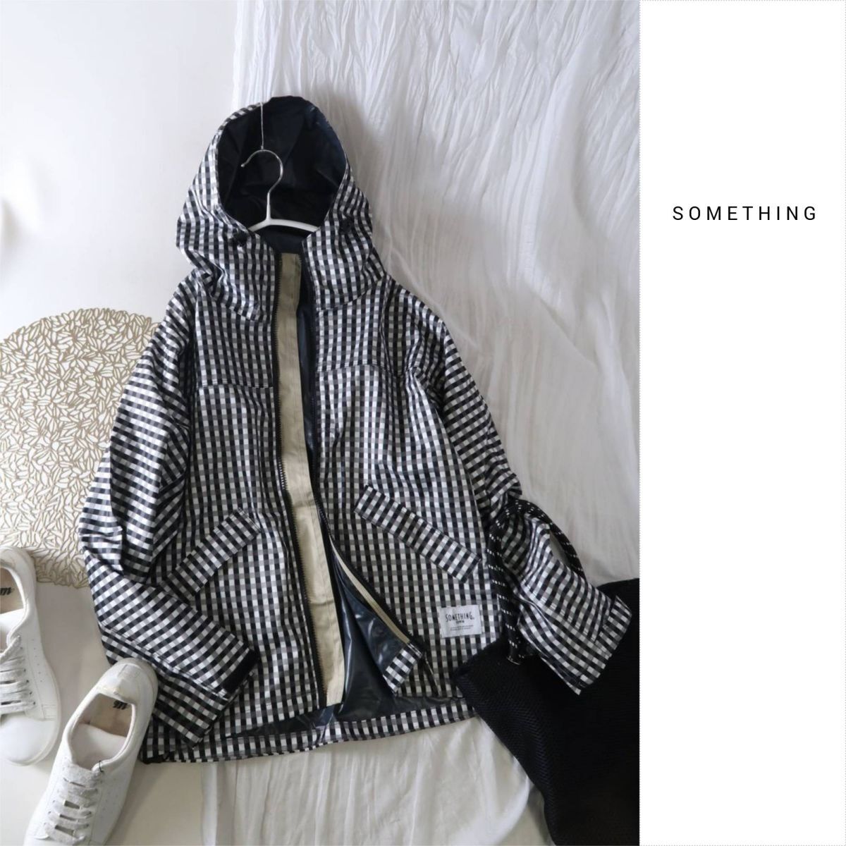サムシング SOMETHING☆洗える 収納袋付き レインウェア チェック柄 フーディジャケット Lサイズ☆A-O 5901拍卖