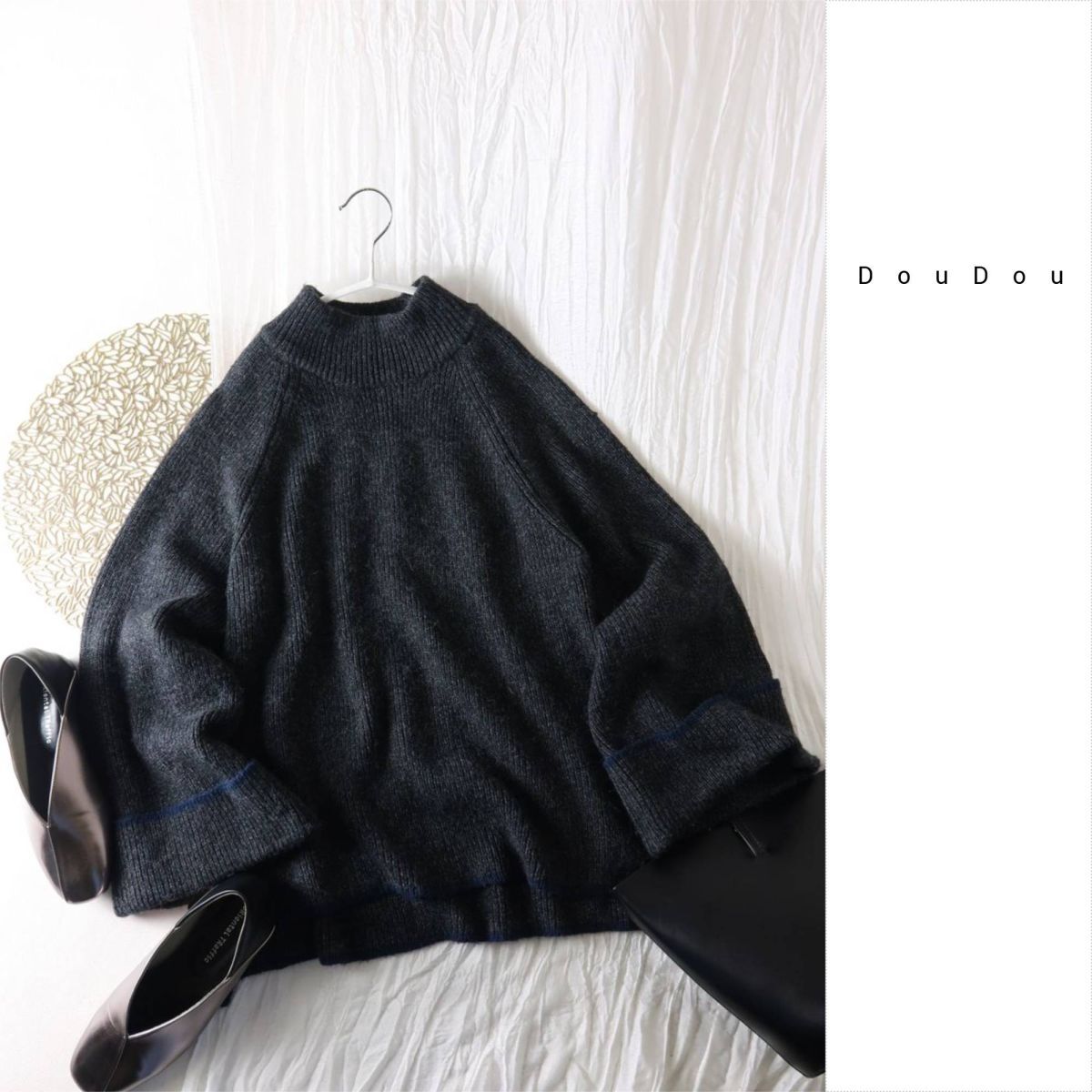 ドゥドゥ DouDou☆フレアスリーブ 配色ライン ハイネック ニット Fサイズ☆A-O 5905拍卖