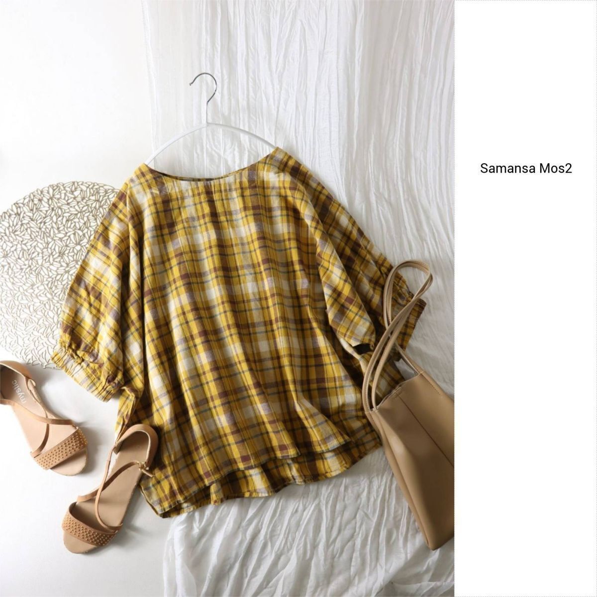 サマンサ モスモス SM2☆洗える コットンリネン チェック柄 袖口ギャザー七分袖Tブラウス Fサイズ☆A-O 4924拍卖