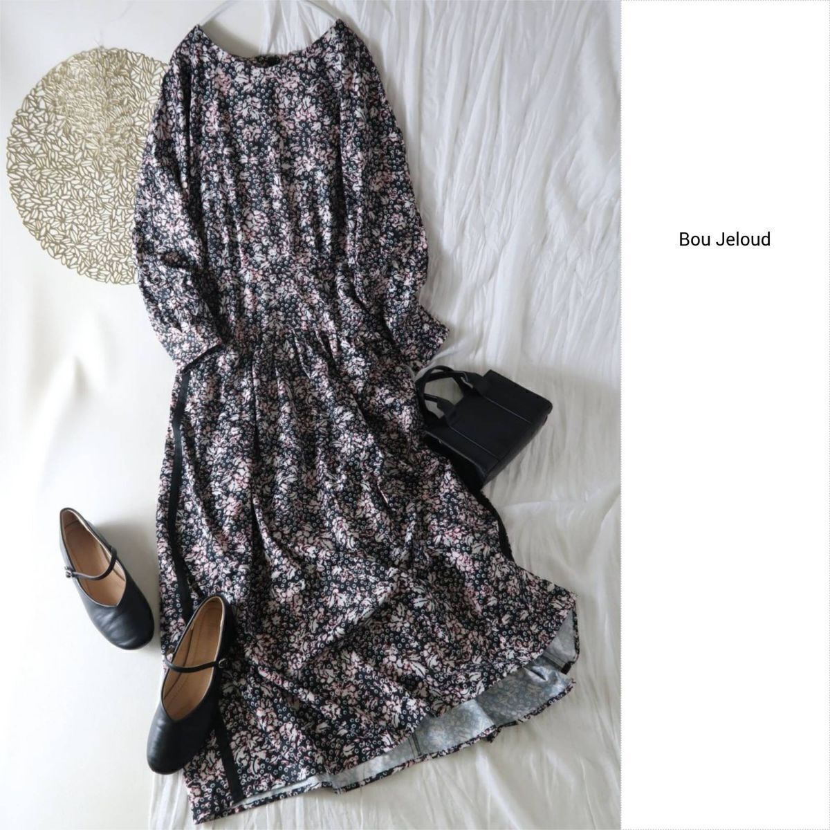 ブージュルード Bou Jeloud☆洗える ウエストリブ プリント柄 サイドパイピング フレアワンピース 38サイズ☆A-O 5014拍卖