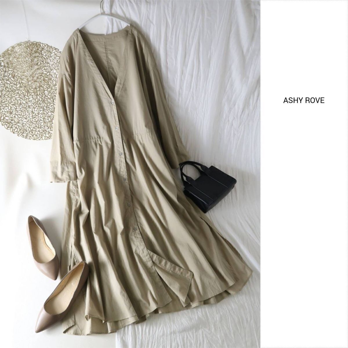 アッシュローブ ASHY ROVE☆洗える 綿100% Vネック ドロストワンピース 38サイズ 日本製☆M-B 5008拍卖