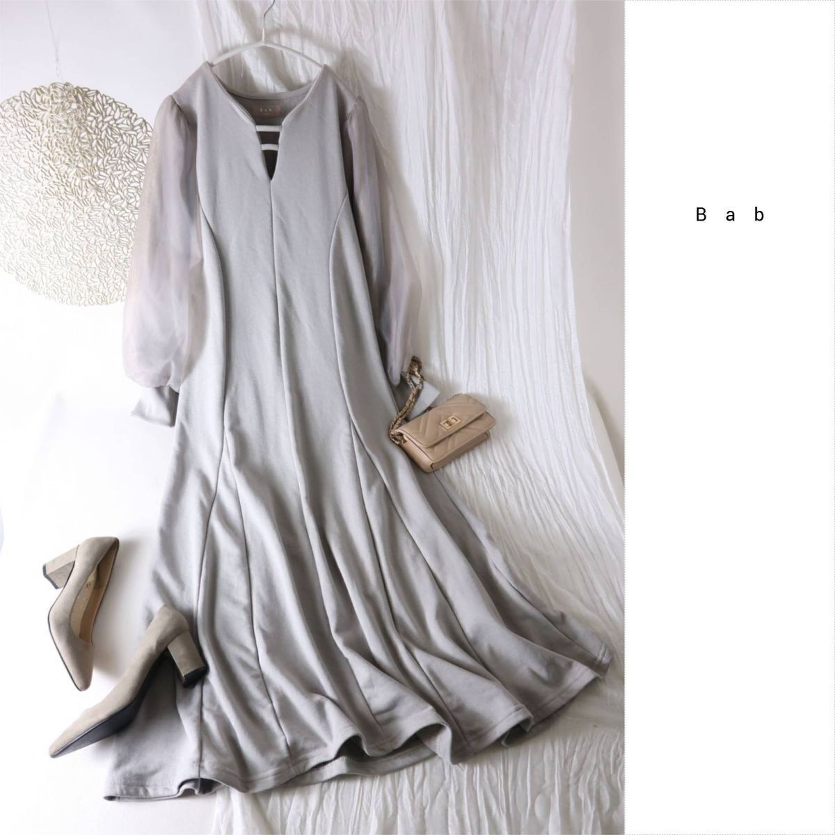 ブージュルード/Bab☆洗える フレアーライン長袖オーガンジーワンピース Sサイズ☆M-B 5344拍卖