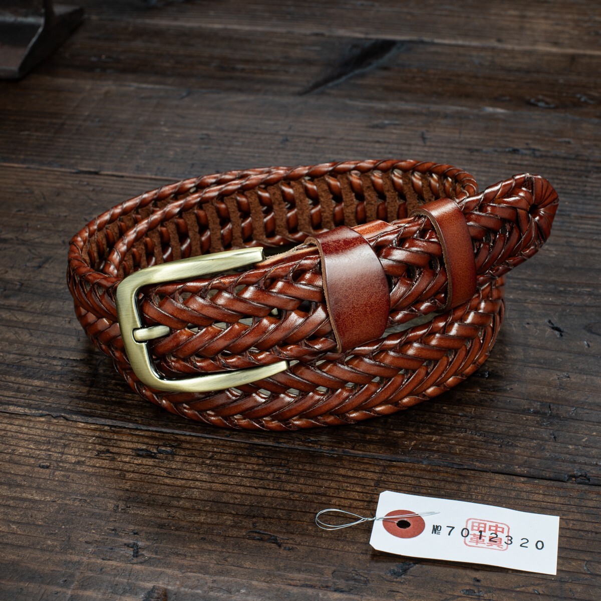 編み込み【牛革】イタリアンレザー シンプル メッシュ メンズ フリーサイズ 本革 ベルト 新品 未使用 送料無料 1円 茶 ブラウン 田中革具拍卖