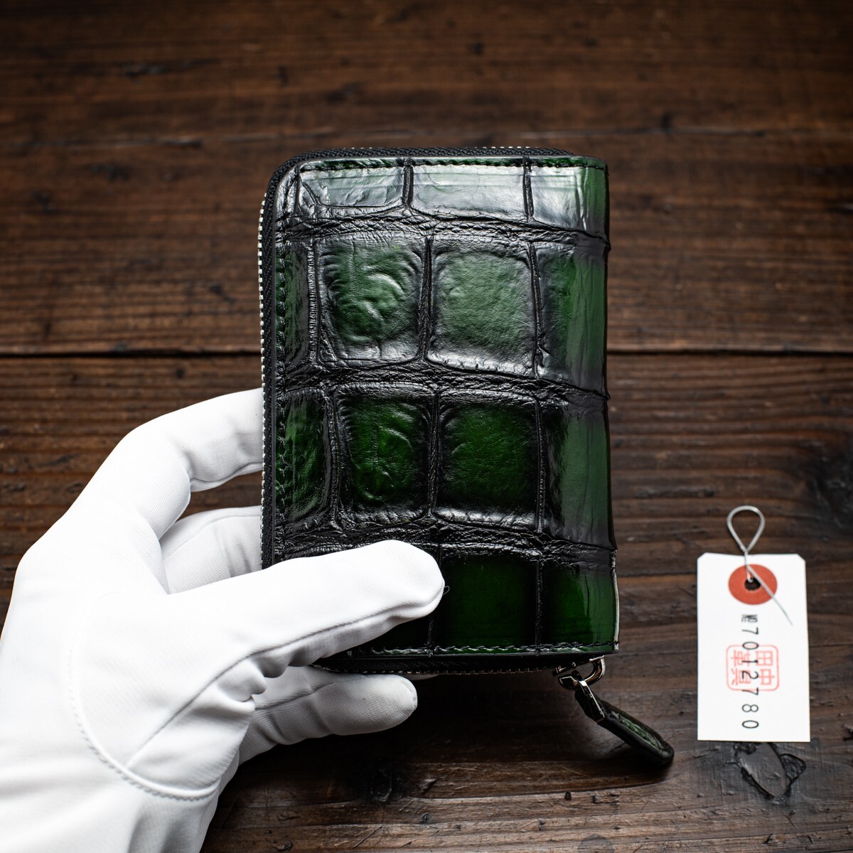 クロコダイル【一枚革】実物撮影 メンズ ラウンドファスナー わに 鰐 長財布 新品 未使用 送料無料 1円 緑 グリーン クロコミドル 田中革具拍卖