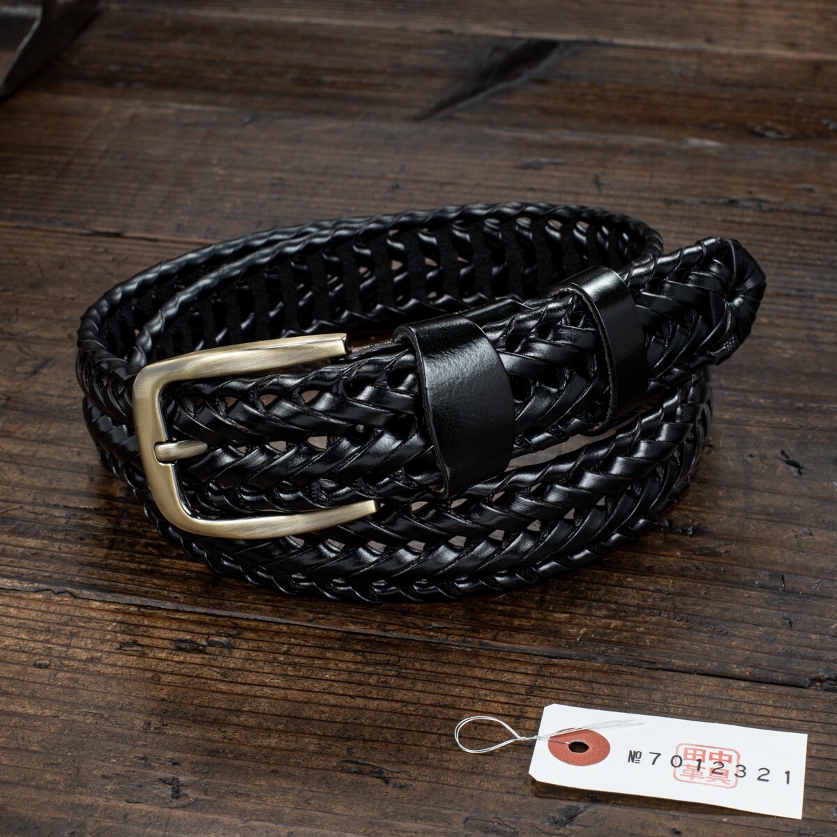 編み込み【牛革】イタリアンレザー シンプル メッシュ メンズ フリーサイズ 本革 ベルト 新品 未使用 送料無料 1円 黒 ブラック 田中革具拍卖