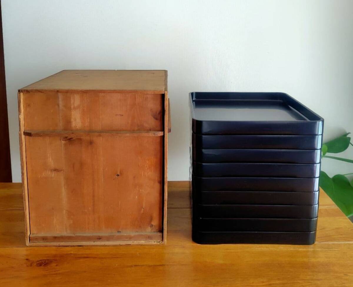 アンティーク 漆塗り膳 9枚セット 木箱付き 明治大正〜 約36.5cm 漆器 盆 トレー拍卖