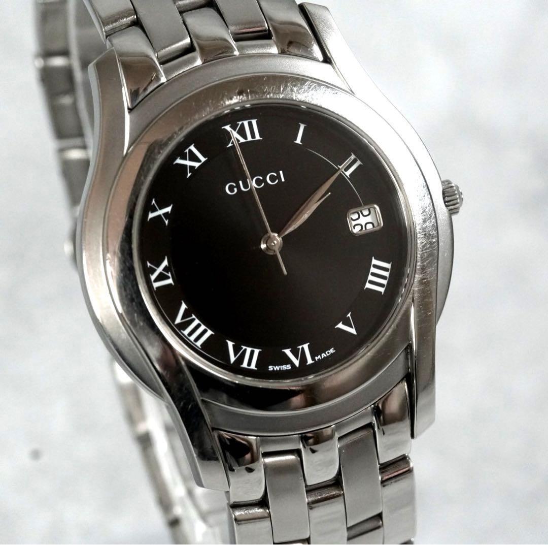 1円 スタート 稼働品 GUCCI グッチ デイト ラウンド ローマン メンズ 腕時計 クォーツ vintage wacth 1スタ シルバー ブランド拍卖