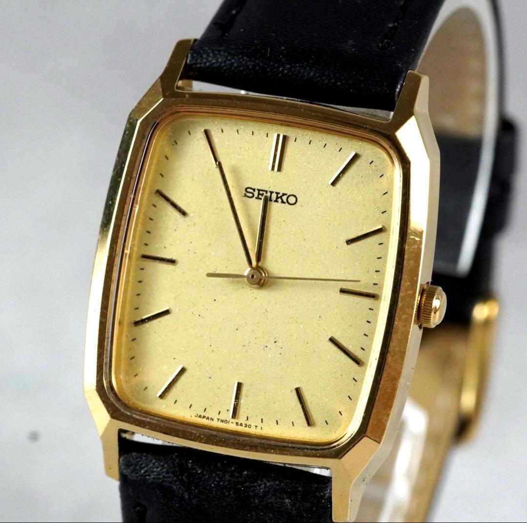 1円 スタート SEIKO セイコー レクタンギュラー 3針 メンズ 腕時計 稼働品 クォーツ ゴールド vintage antique men's wacth 1スタ拍卖