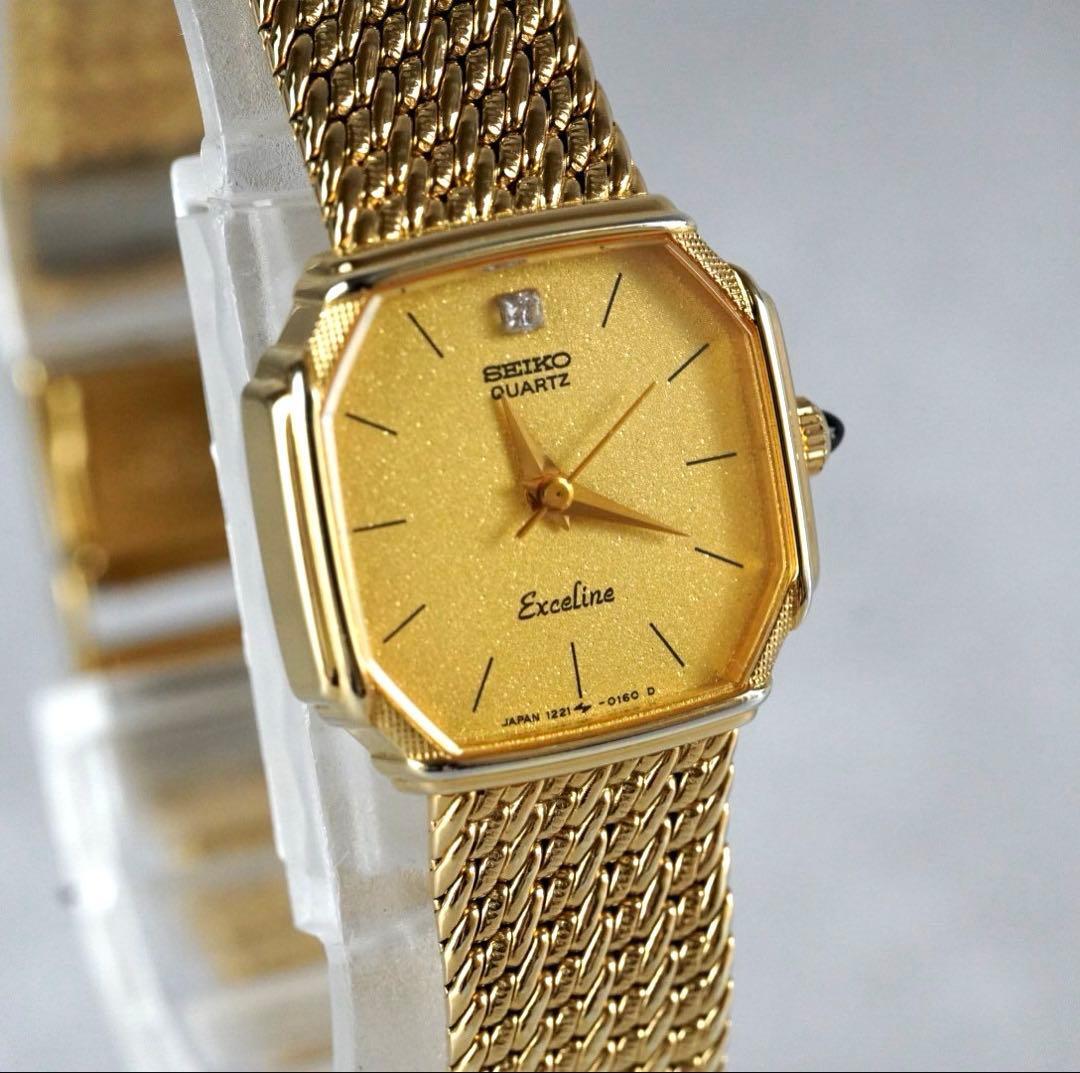 1円 スタート SEIKO セイコー エクセリーヌ 1pストーン ゴールド メッシュ レディース 腕時計 クォーツ antique vintage wacth 稼働品拍卖