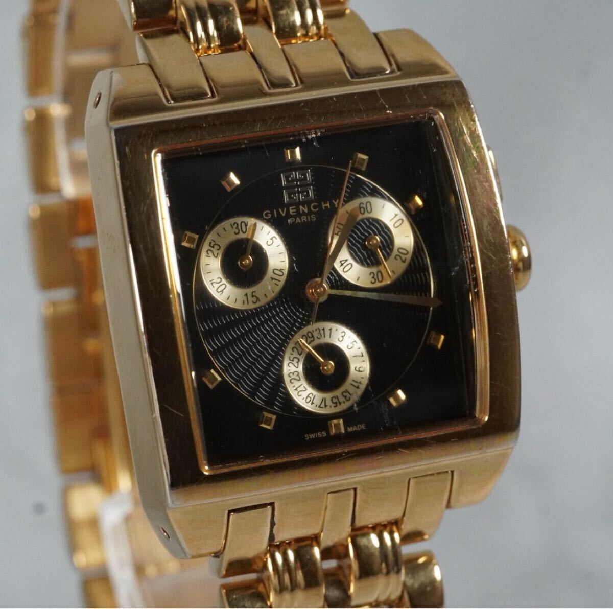 1円 スタート GIVENCHY ジバンシー Quartz クオーツ クロノグラフ スクエア ゴールド メンズ 純正ベルト vintage antique wacth 1スタ拍卖