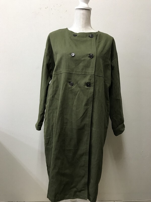 4495 レディース 【美品 sisam シサム工房 オーガニックコットン100%ノーカラーコート 】 サイズ:F 色:グリーン拍卖