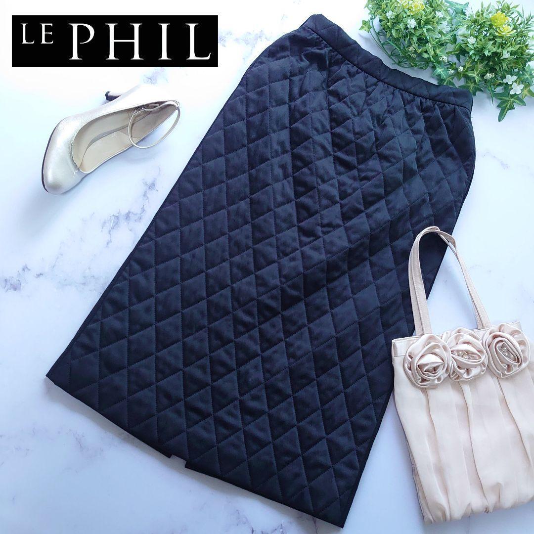 近年 LE PHIL ルフィル キルティングスカート ミモレ丈 異素材切替 ウール 前後切替 ストレート バックスリット ブラック 黒 M ロング拍卖