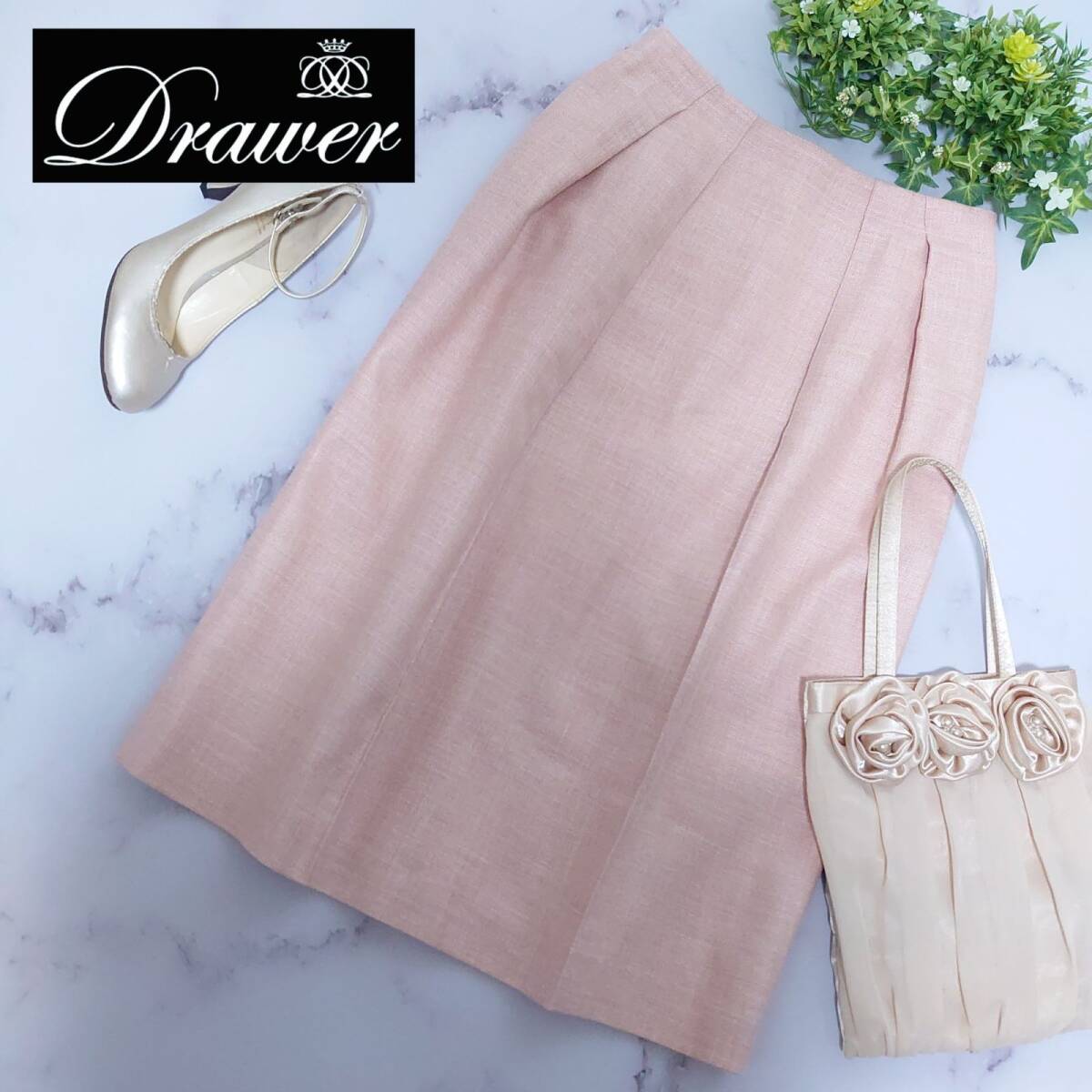 2021 定価7.4万 Drawer ドゥロワー オックスタックタイトスカート ピンク シルク リネン ウール フォーマル フレア ロング サイズ36 S相当拍卖