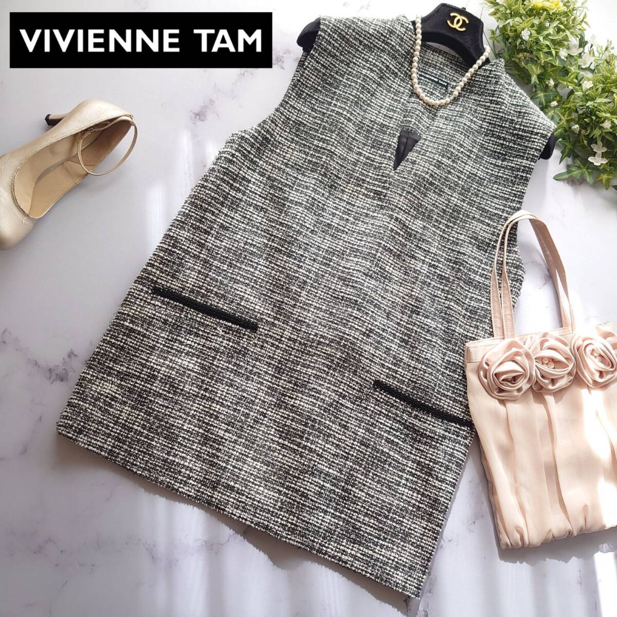 2025 VIVIENNE TAM ヴィヴィアンタム トップス チュニック ブラウス ノースリーブ ホワイト×ブラック 白×黒 40 L ツイード Vネックベスト拍卖
