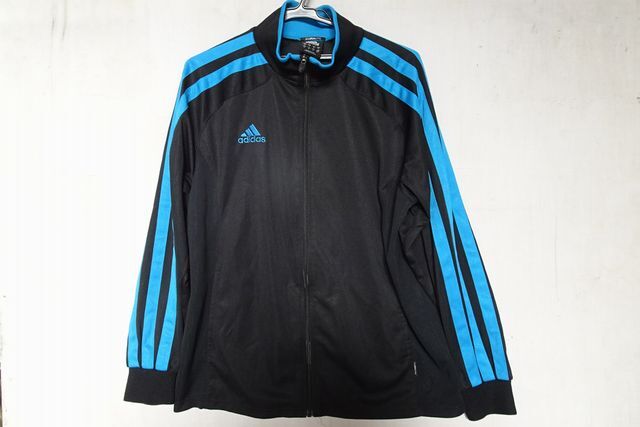 adidas/アディダス/長袖トラックジャケット/薄手ジャージ素材/前ジップアップ/水色3本ラインテープ/黒/ブラック/Oサイズ(11/20R7)拍卖