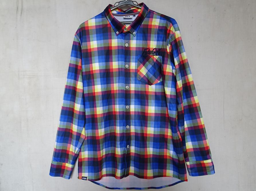 FILA GOLF/長袖ボタンダウンシャツ/ゴルフウェア/チェック柄/ストレッチ性素材/左胸ポケット/青系/ブルー/LLサイズ(11/7R7)拍卖