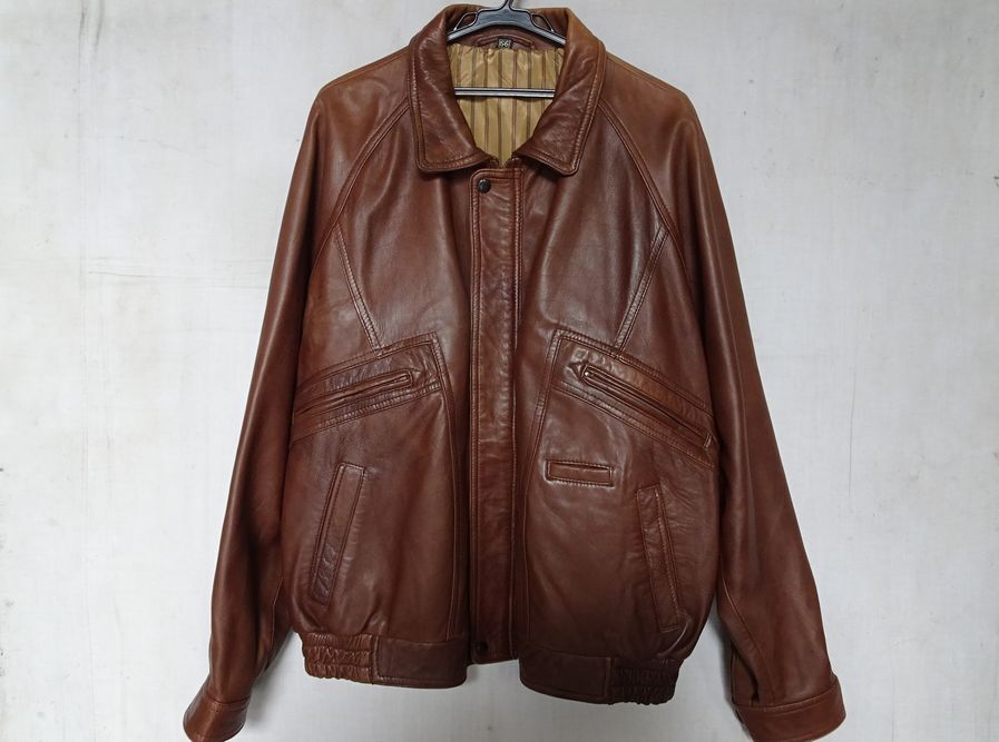 レザーブルゾン/ジャンパー/アウター/前ジップアップ/前立フラップ上下スナップボタン/裏地ストライプ柄/茶/ブラウン(11/14R7)拍卖