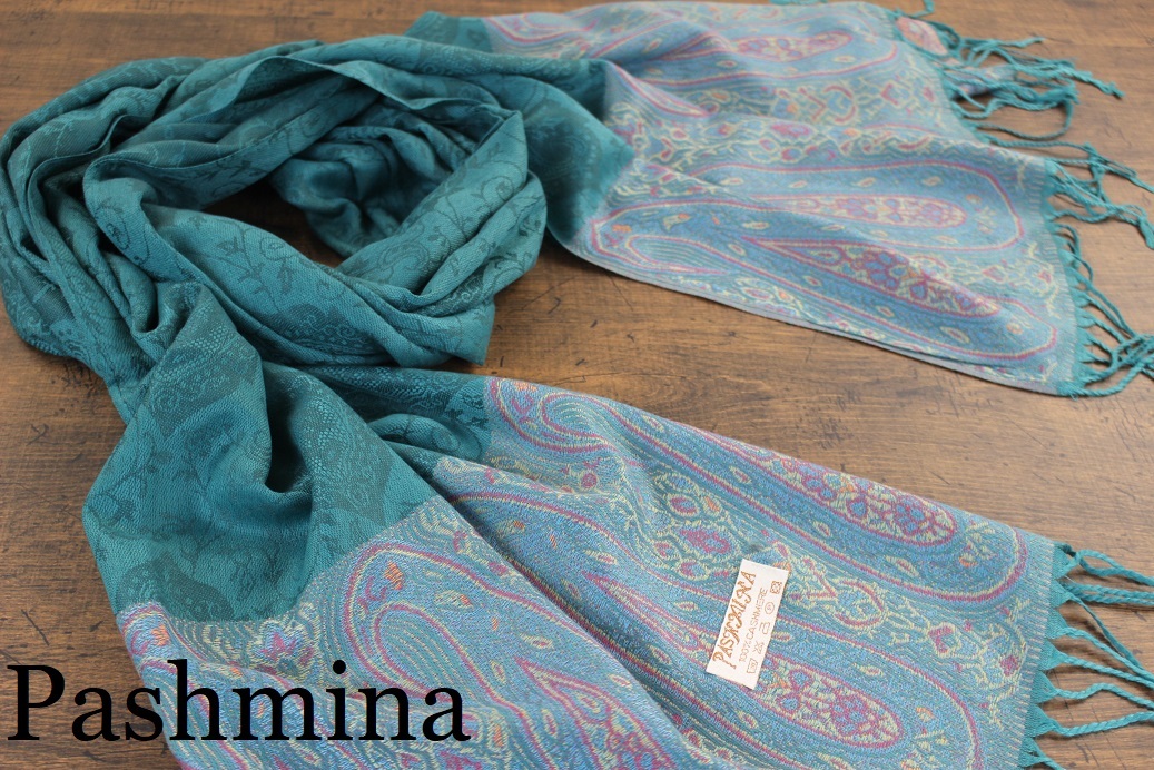 新品【パシュミナ Pashmina】ペイズリー×ツタ柄 エメラルドグリーン系マルチカラー 緑 E.GREEN ストール カシミア100% Cashmere 訳あり拍卖