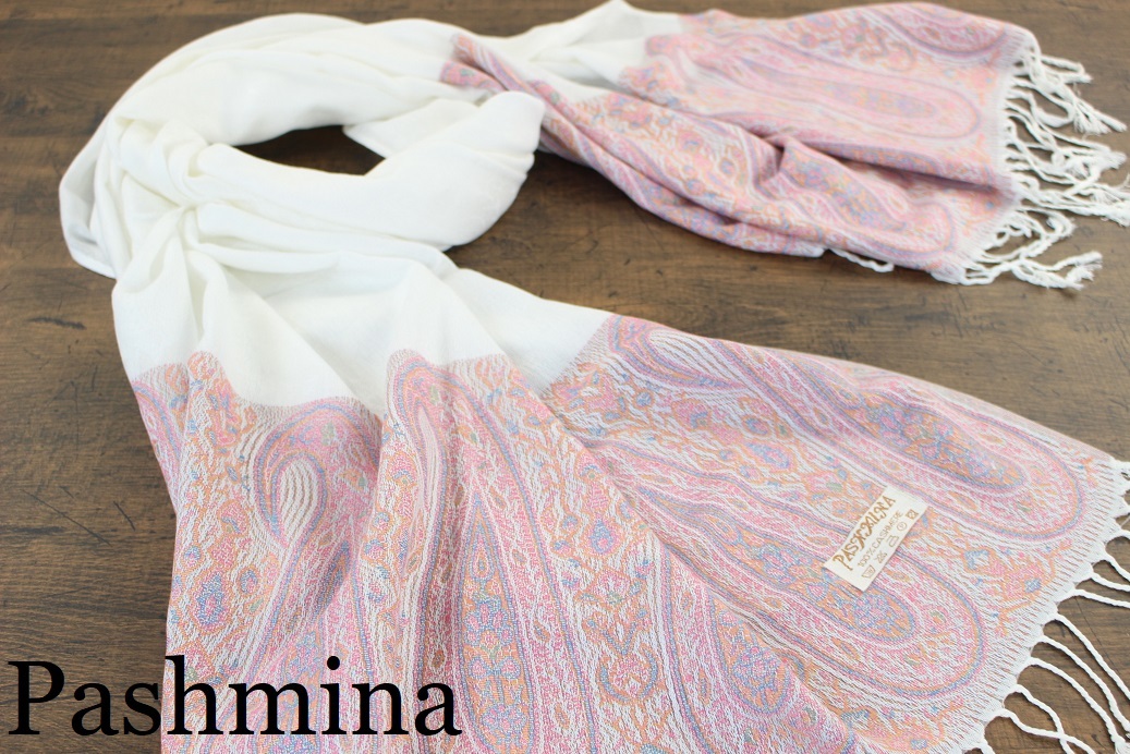 新品【パシュミナ Pashmina】ペイズリー×ツタ柄 ホワイト×ピンク系マルチカラー WHITE×PINK 大判ストール カシミア100% Cashmere 訳あり拍卖