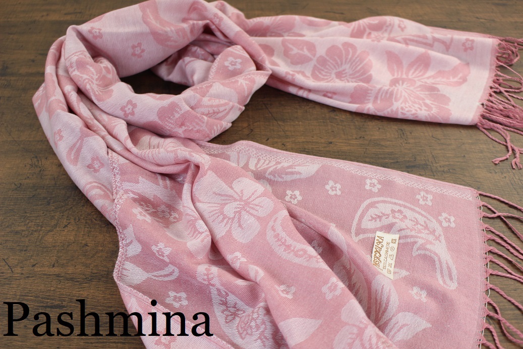 新品【パシュミナ Pashmina】華柄 ライトピンク L.PINK 大判 ストール カシミア100% Cashmere拍卖