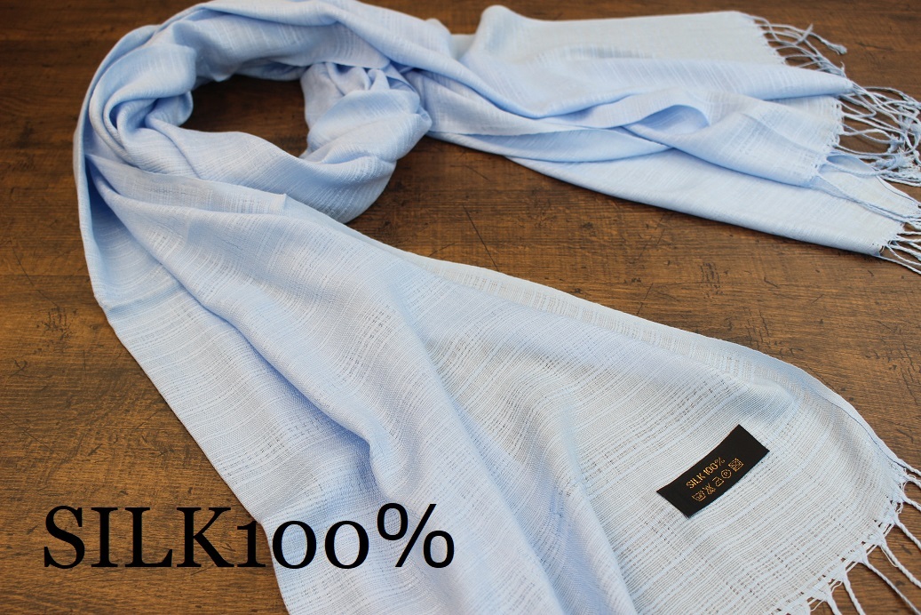 新品【シルク100% SILK】無地 ライトブルー L.BLUE 青 Plain 大判 ストール拍卖