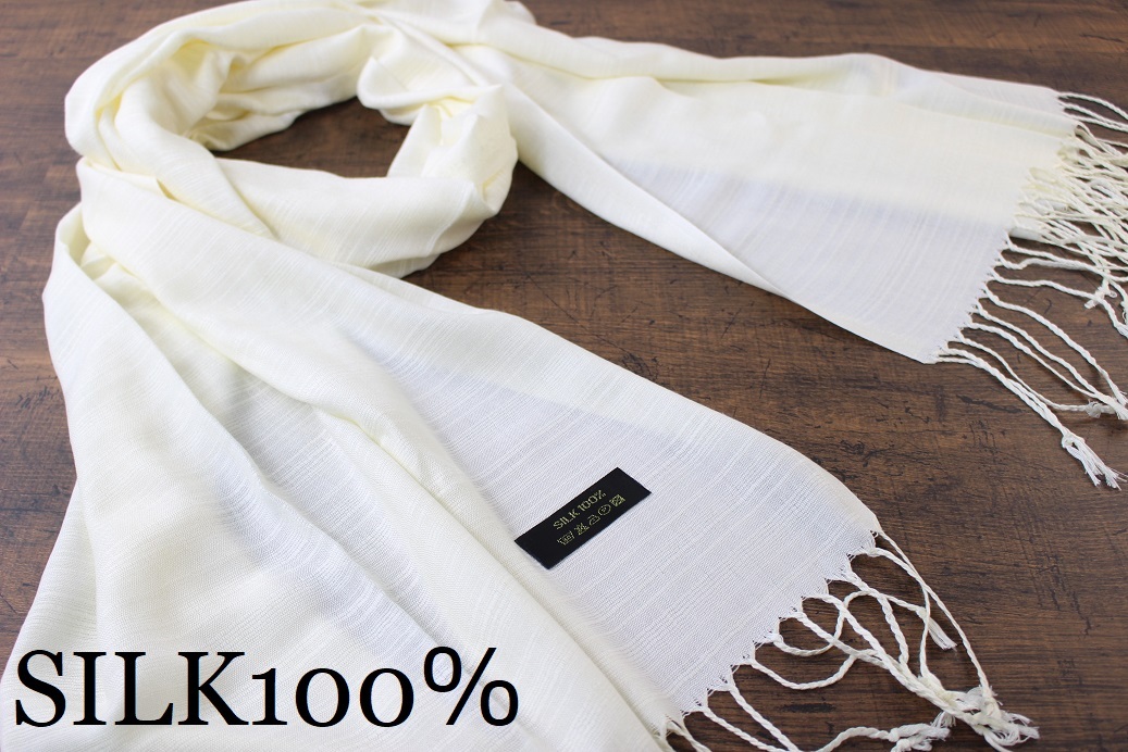 新品【シルク100% SILK】無地 クリームホワイト 白 WHITE Plain 大判 ストール拍卖